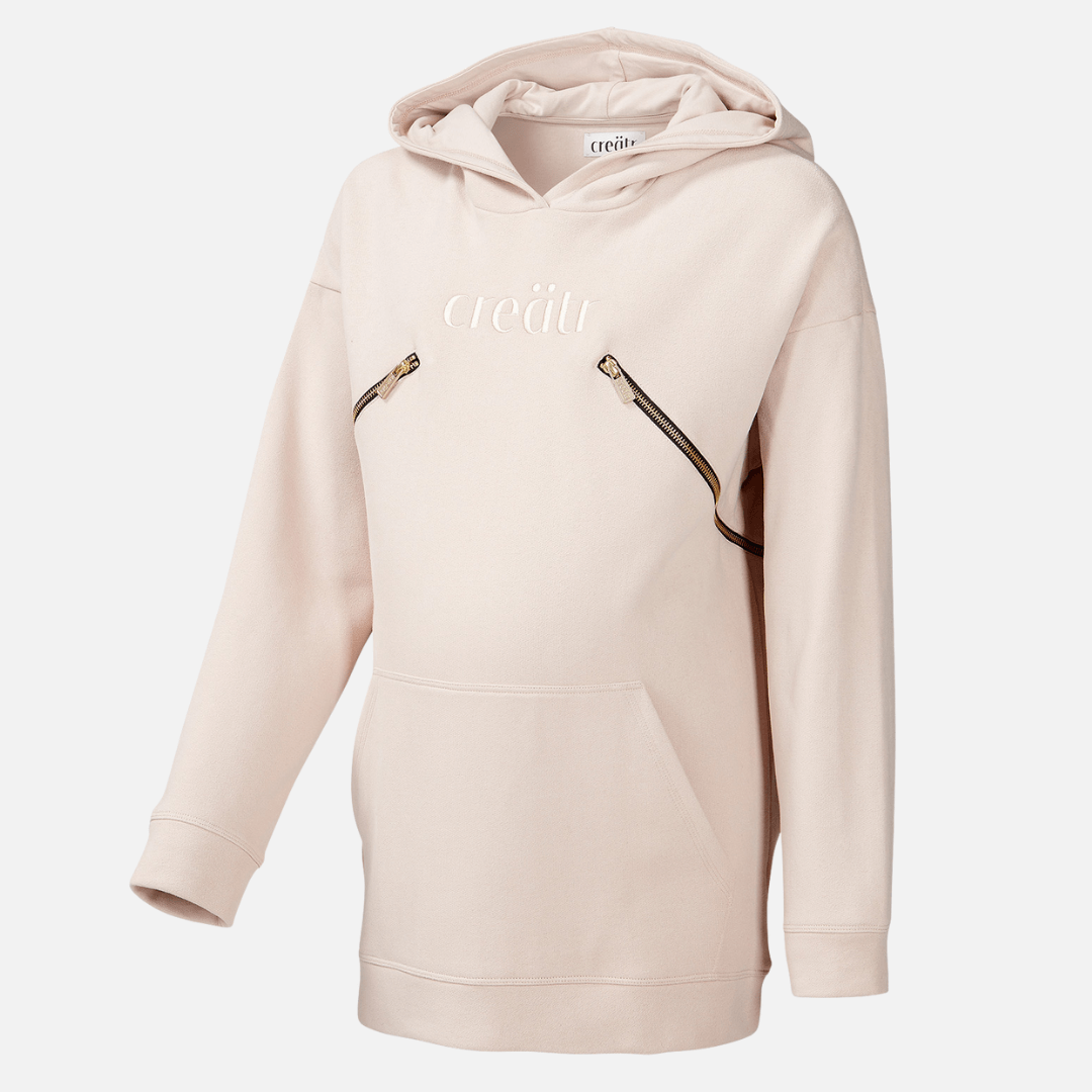 Frontansicht vom rosa-beige Hoodie mit creätr Logo und Reisverschluss