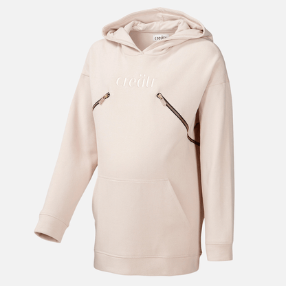 Frontansicht vom rosa-beige Hoodie mit creätr Logo und Reisverschluss