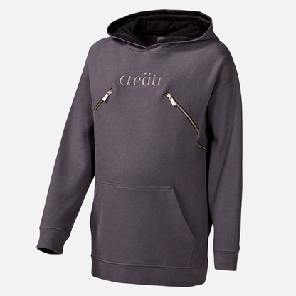 Frontansicht vom grauen Hoodie mit creätr Logo und Reisverschluss